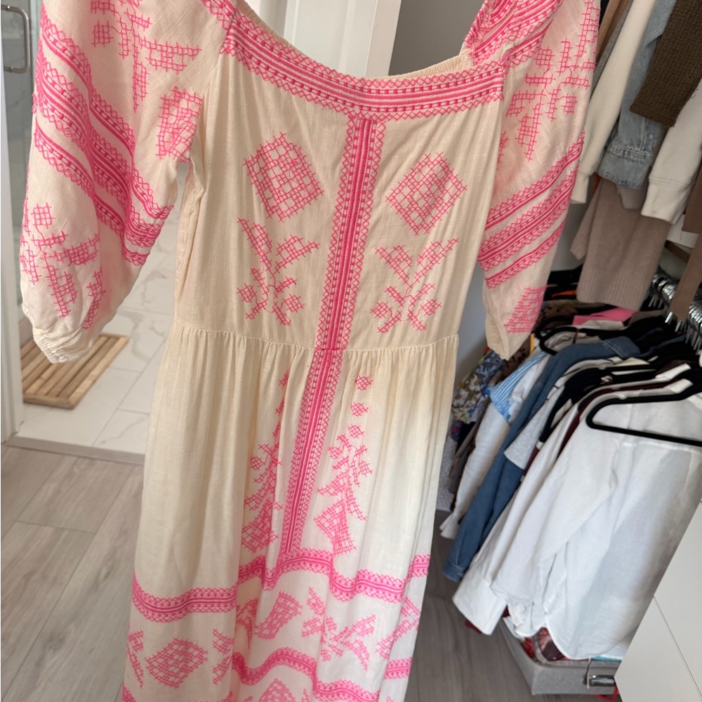 Vici Cream and Pink Embroidered Midi Dress